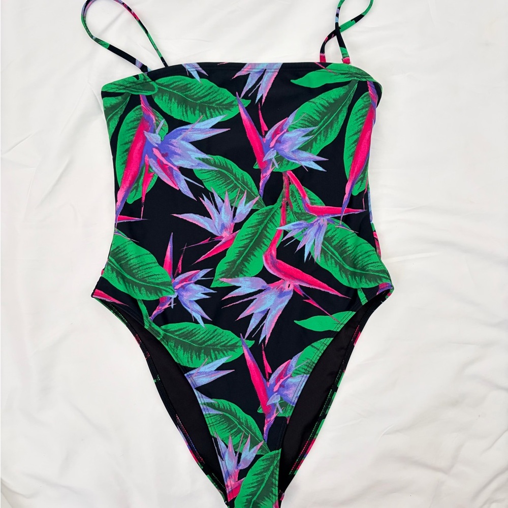 Forever 21 Black One-Piece Swimsuit with Green, Pink & Purple Tropical Print
